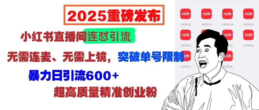 2025重磅发布：小红书直播间连怼引流，无需连麦、无需上镜，突破单号限制，暴力日引流600+超高质量精准创业粉好项目网-专注分享网络创业项目落地实操课程 – 全网首发_高质量创业项目输出好项目网